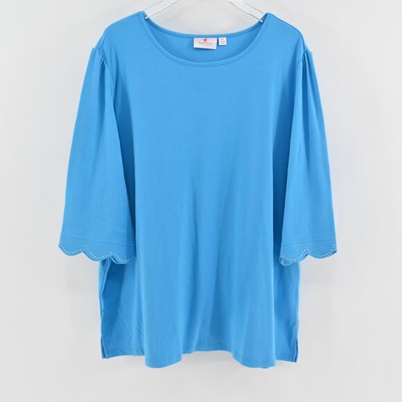 Quacker‎ Factory Womens Scalloped Rhinestone Top Size 3X Blue 3/4 Puff Sleeve - Picture 1 of 11